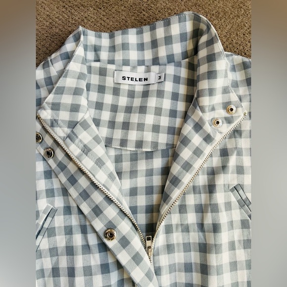 Stelen English Factory Women’s Med Grey Gingham Balloon Sleeve Zip Long Jacket - Picture 7 of 11